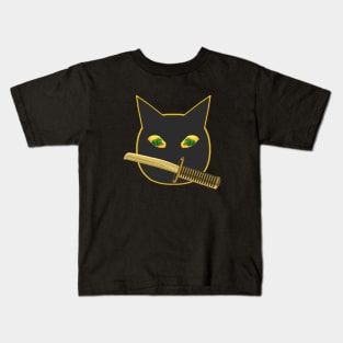 Hallowen Ninja Cat. Black Cat with Jack O Lantern Eyes and Sword. Orange Outline Version. Kids T-Shirt